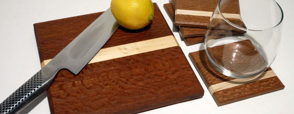 Leopardwood and maple bar set with cutting board and coasters